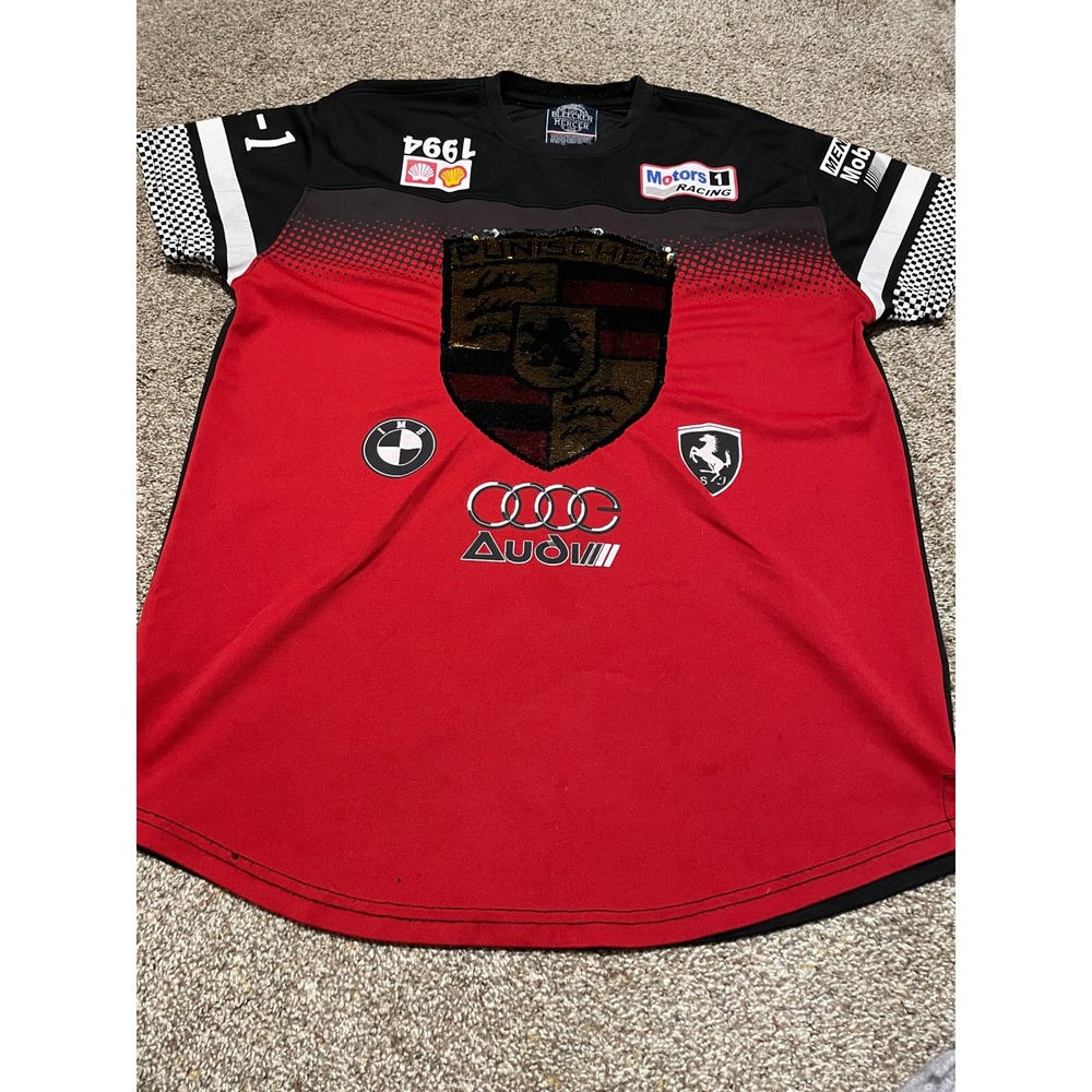 Bleecker and Mercer Mens Racing Jersey Red Black Sequin Graphic Shirt XL